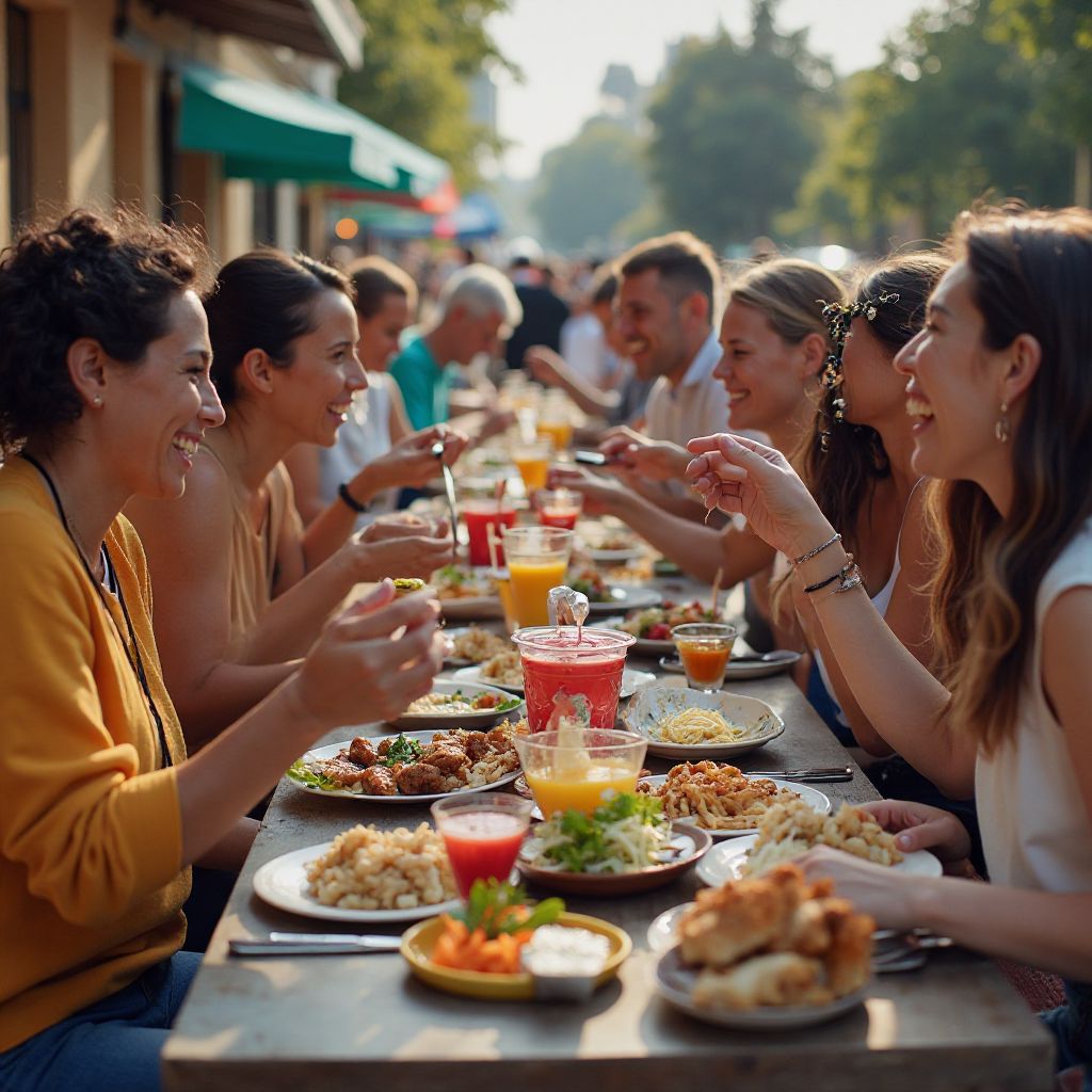 Diverse group enjoying street food